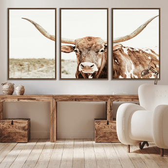 98924580-MGV-CV-36X24-Texas Longhorn Bull Wall Art Canvas Print, Framed Rustic Farmhouse Decor Art Picture Print, Western Animal Theme Perfect Rustic
