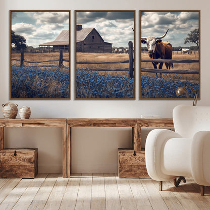 51092814-MGV-CV-36X24-Texas Longhorn Wall Art Wall Art Canvas Print, Framed Rustic Barn Canvas Art Picture Print, Farmhouse Cow Decor Perfect Rustic