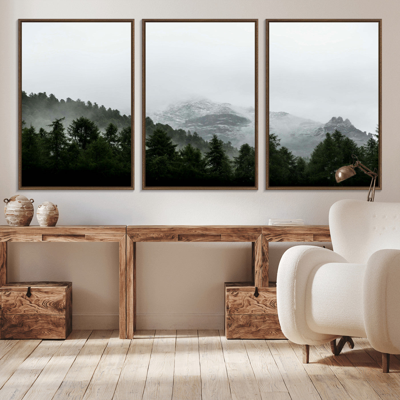 55968349-MGV-CV-36X24-Misty Mountains Wall Art Canvas Print, Framed Foggy Forest Art Picture Print, Snowy Peaks Perfect Moody Wilderness Decor Artwork