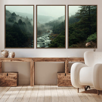 48497565-MGV-CV-36X24-Misty Forest Wall Art Canvas Print, Framed Foggy River Art Picture Print, Moody Landscape Perfect Moody Wilderness Decor Artwork