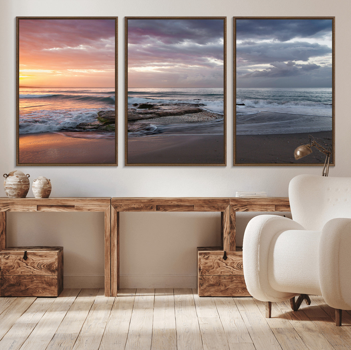 94208089-MGV-CV-36X24-Golden Hour Wall Art Canvas Print, Framed Tranquil Waves Art Picture Print, Beach Horizon Perfect Coastal Serenity Decor Artwork