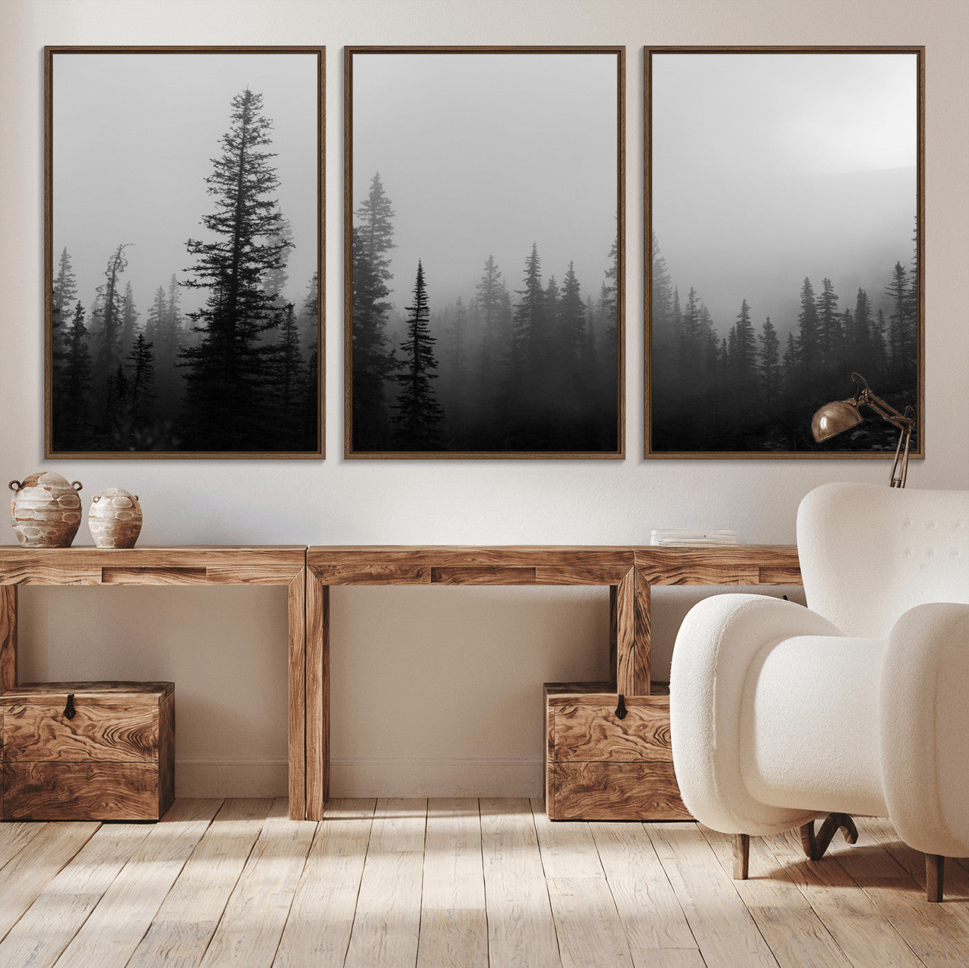 73138900-MGV-CV-36X24-Misty Pines Wall Art Canvas Print, Framed Woodland Photography Art Picture Print, Minimalist Decor Perfect Modern Rustic Decor