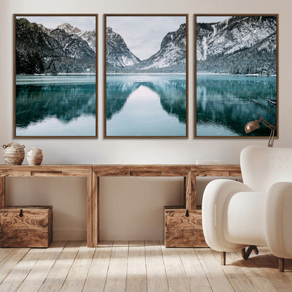 73098373-MGV-CV-36X24-Mountain Lake Wall Art Canvas Print, Framed Winter Wonderland Art Picture Print, Snowy Peaks Perfect Modern Nature Decor Artwork