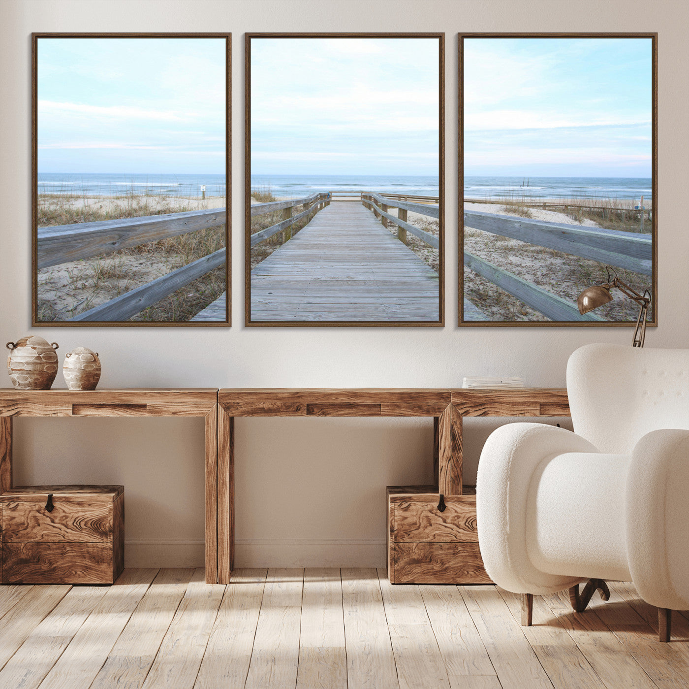 31602988-MGV-CV-36X24-Beach Boardwalk Wall Art Canvas Print, Framed Coastal Serenity Art Picture Print, Ocean View Perfect Coastal Minimalist Decor