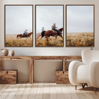 94723307-MGV-CV-36X24-Western Cowboys Wall Art Canvas Print, Framed Rustic Prairie Art Picture Print, Horseback Riding Perfect Rustic Western Decor