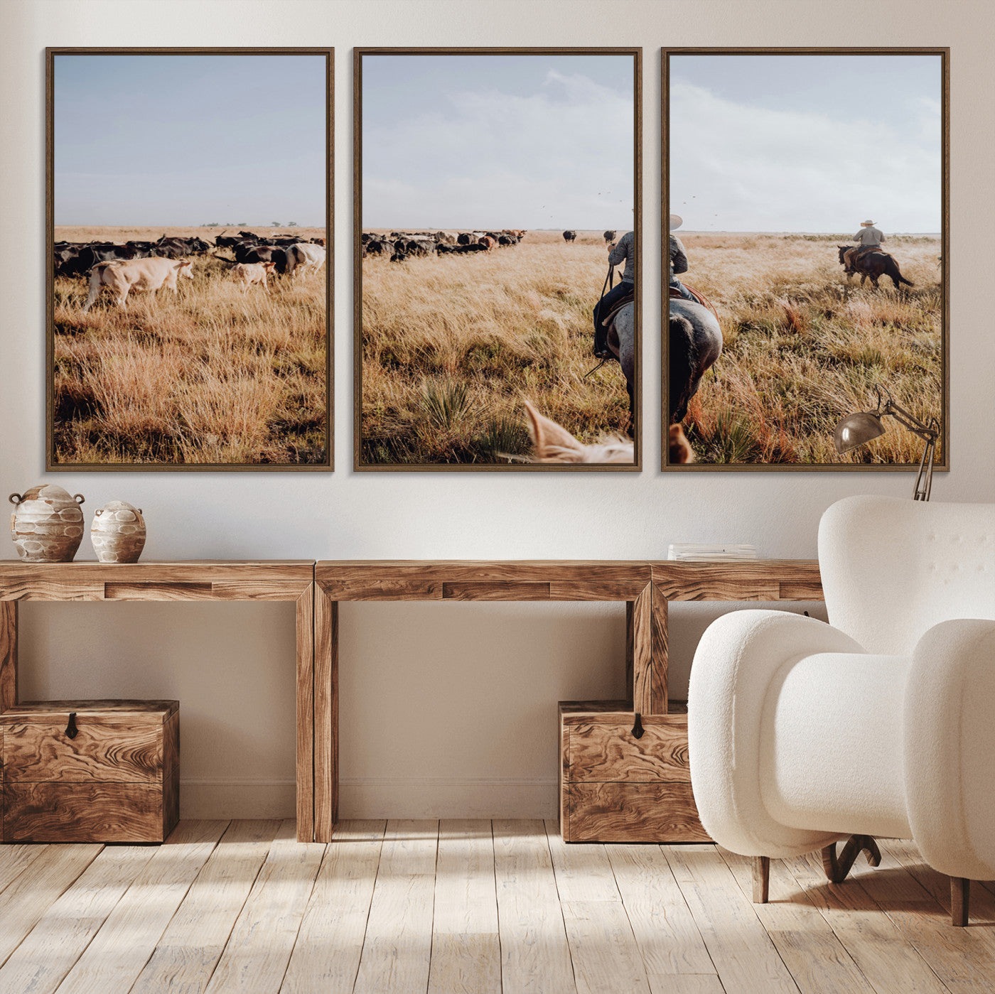 22431577-MGV-CV-36X24-Western Wall Art Wall Art Canvas Print, Framed Cowboy Canvas Art Picture Print, Cattle Drive Scene Perfect Rustic Western Decor