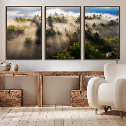 14785710-MGV-CV-36X24-Tranquil Forest Scene Wall Art Canvas Print, Framed Sunbeam Through Trees Art Picture Print, Moody Green Wall Art Perfect