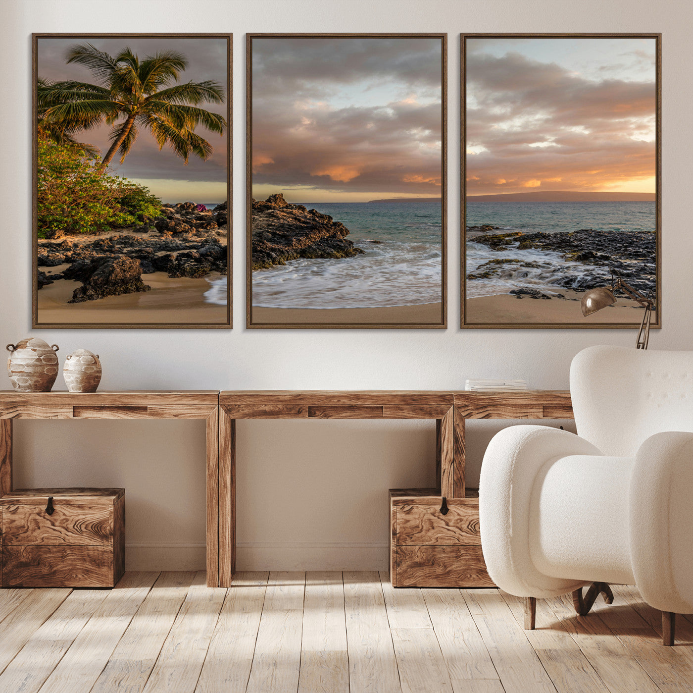 55108220-MGV-CV-36X24-Tropical Beach Wall Art Canvas Print, Framed Hawaiian Sunset Art Picture Print, Ocean Waves Perfect Coastal Tropical Decor Artwork