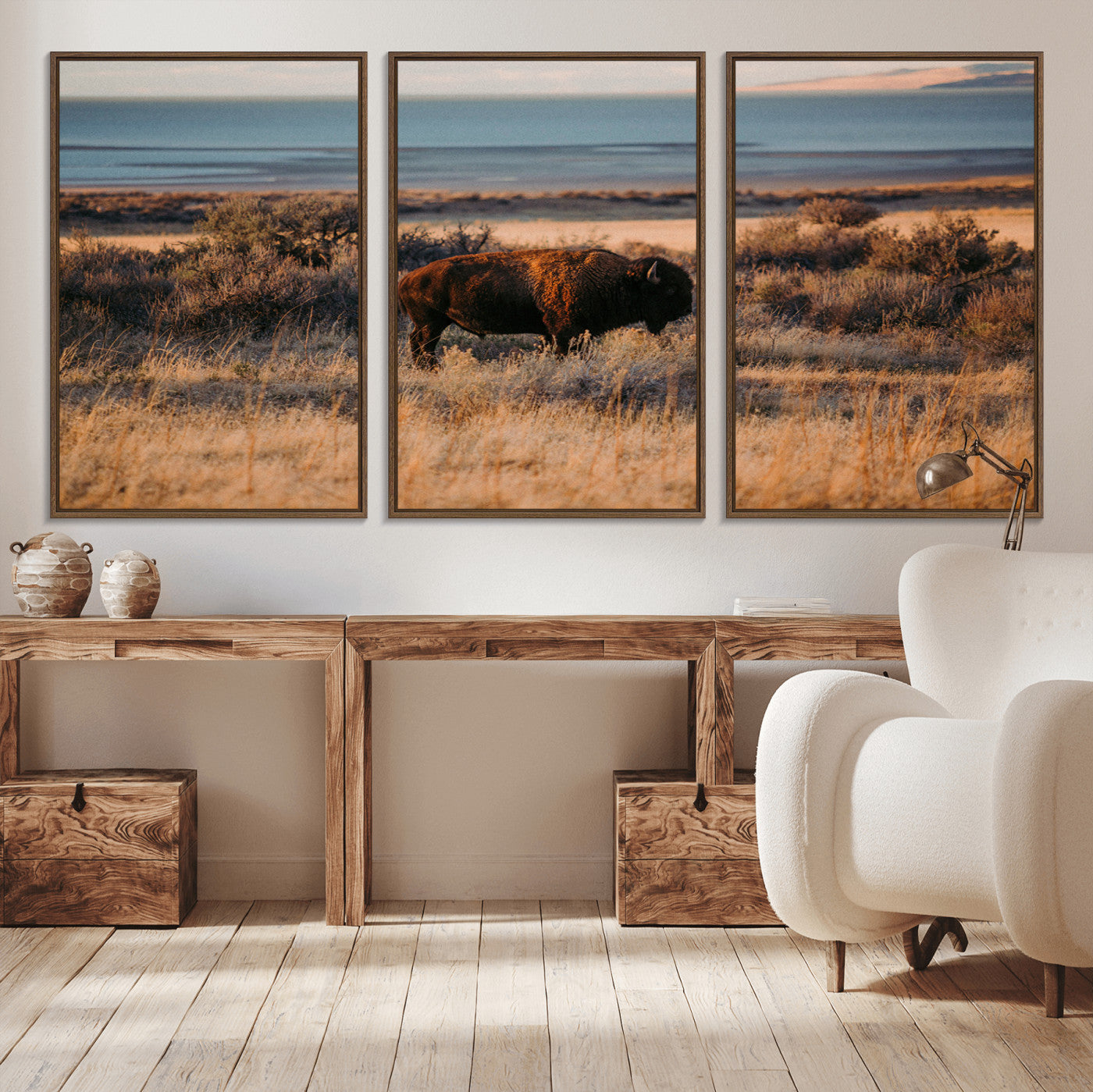 39509187-MGV-CV-36X24-Western Wildlife Wall Art Canvas Print, Framed Bison Art Picture Print, Golden Hour Perfect Western Rustic Decor Artwork