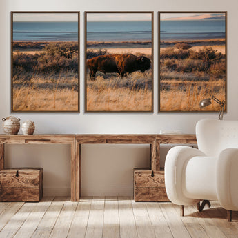 39509187-MGV-CV-36X24-Western Wildlife Wall Art Canvas Print, Framed Bison Art Picture Print, Golden Hour Perfect Western Rustic Decor Artwork
