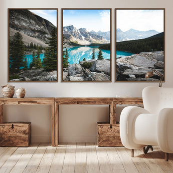 98014896-MGV-CV-36X24-Canadian Rockies Wall Art Canvas Print, Framed Mountain Landscape Art Picture Print, Turquoise Water Perfect Scandinavian