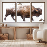 94261165-MGV-CV-36X24-Snowy Buffalo Wall Art Canvas Print, Framed Wildlife Photography Art Picture Print, Brown Tones Perfect Rustic Lodge Decor Decor