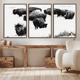 18914414-MGV-CV-36X24-Buffalo Herd Wall Art Canvas Print, Framed Black and White Art Picture Print, Snowy Landscape Perfect Rustic Lodge Decor Decor