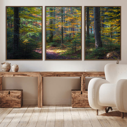 65810864-MGV-CV-36X24-Autumn Forest Wall Art Canvas Print, Framed Fall Woodland Art Picture Print, Golden Leaves Perfect Rustic Farmhouse Decor Artwork