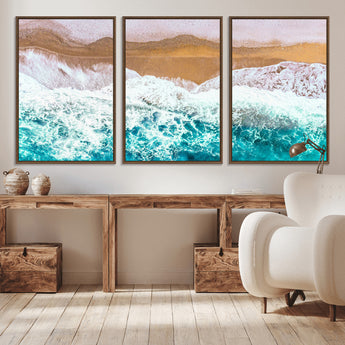 26870666-MGV-CV-36X24-Aerial Beach Wall Art Canvas Print, Framed Ocean Waves Art Picture Print, Coastal Landscape Perfect Coastal Minimalist Decor