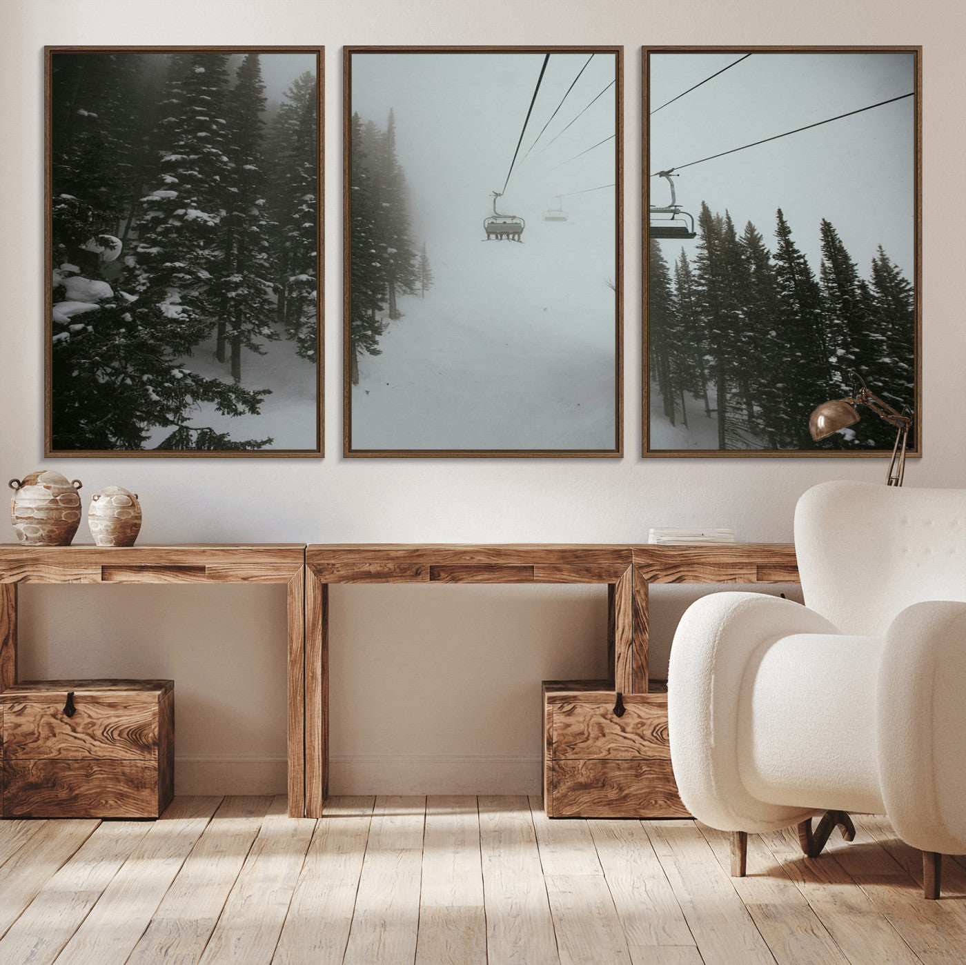 87018452-MGV-CV-36X24-Ski Lift Wall Art Canvas Print, Framed Snowy Pines Art Picture Print, Misty Landscape Perfect Winter Serenity Decor Artwork