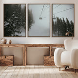 87018452-MGV-CV-36X24-Ski Lift Wall Art Canvas Print, Framed Snowy Pines Art Picture Print, Misty Landscape Perfect Winter Serenity Decor Artwork