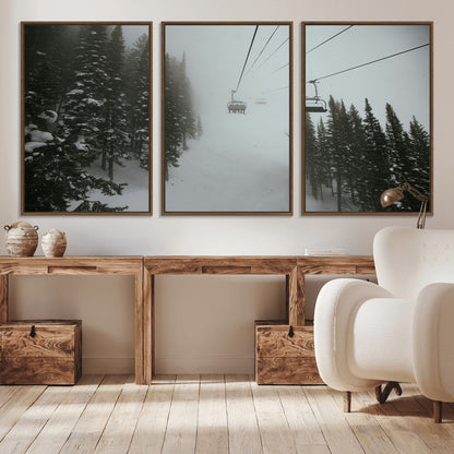 87018452-MGV-CV-36X24-Ski Lift Wall Art Canvas Print, Framed Snowy Pines Art Picture Print, Misty Landscape Perfect Winter Serenity Decor Artwork