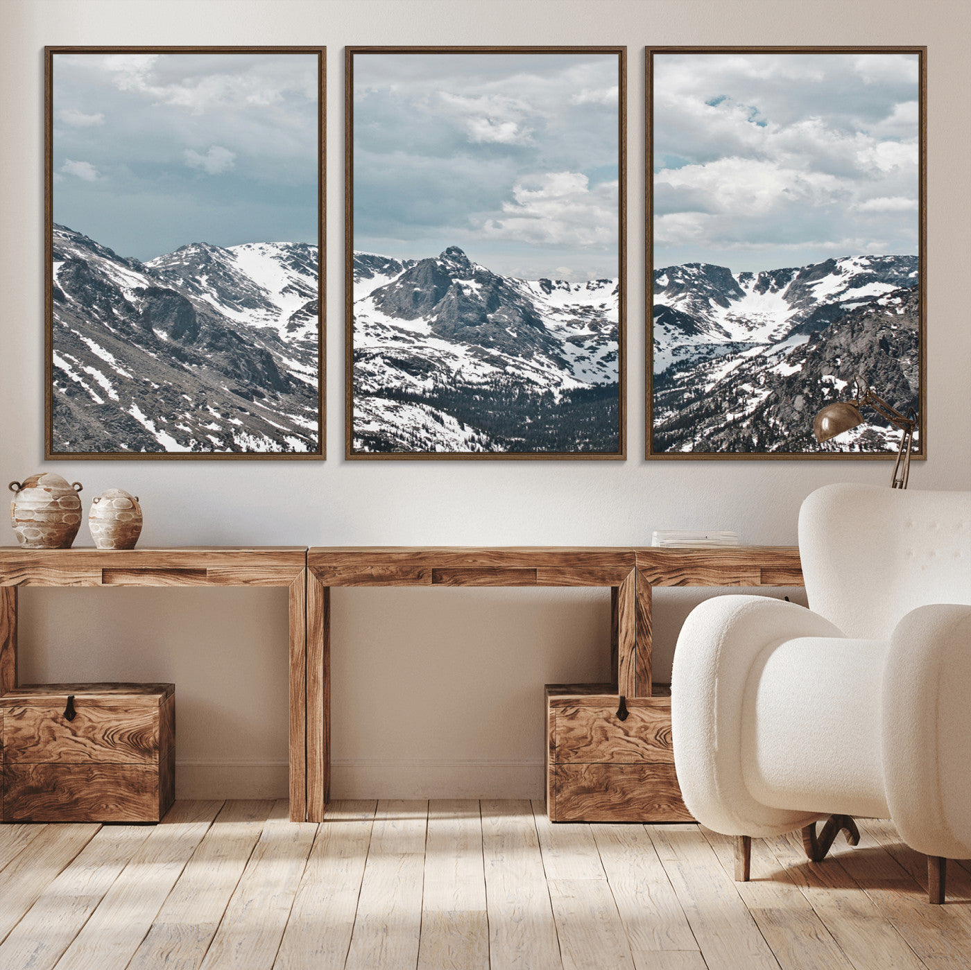 94074619-MGV-FC-60X30-3P_Walnut-Snowy Peaks Wall Art Canvas Print, Framed Alpine Wilderness Art Picture Print, Mountain Escape Perfect Winter Serenity Decor