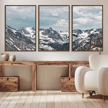 94074619-MGV-FC-60X30-3P_Walnut-Snowy Peaks Wall Art Canvas Print, Framed Alpine Wilderness Art Picture Print, Mountain Escape Perfect Winter Serenity Decor