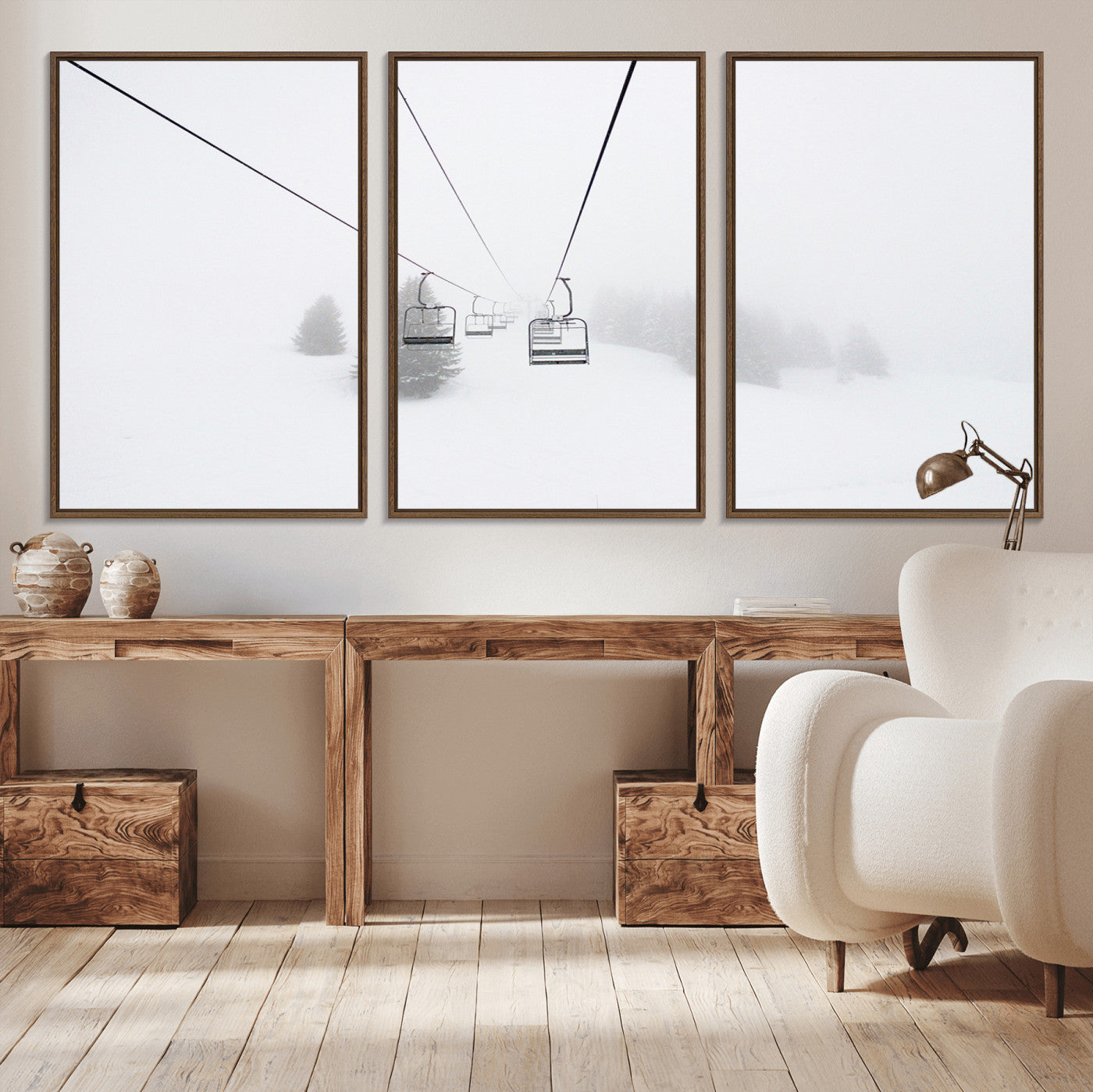 20216390-MGV-CV-36X24-Ski Lift Wall Art Canvas Print, Framed Snowy Landscape Art Picture Print, Alpine Adventure Perfect Nordic Minimalist Decor Artwork