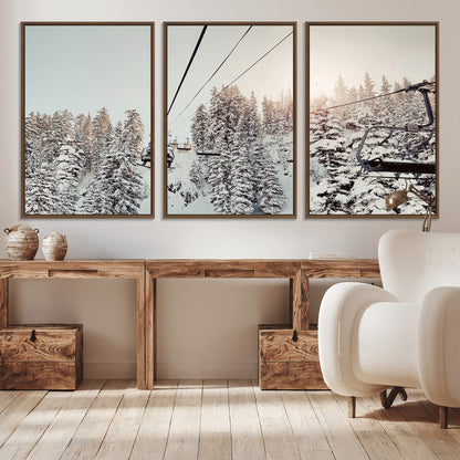 91534512-MGV-CV-36X24-Frosty Pines Wall Art Canvas Print, Framed Cozy Cabin View Art Picture Print, Ski Lift Ride Perfect Rustic Lodge Decor Artwork