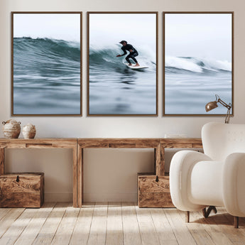 11693607-MGV-CV-36X24-Surfer on Wave Wall Art Canvas Print, Framed Ocean Adventure Art Picture Print, Motion Blur Water Perfect Coastal Adventure Decor
