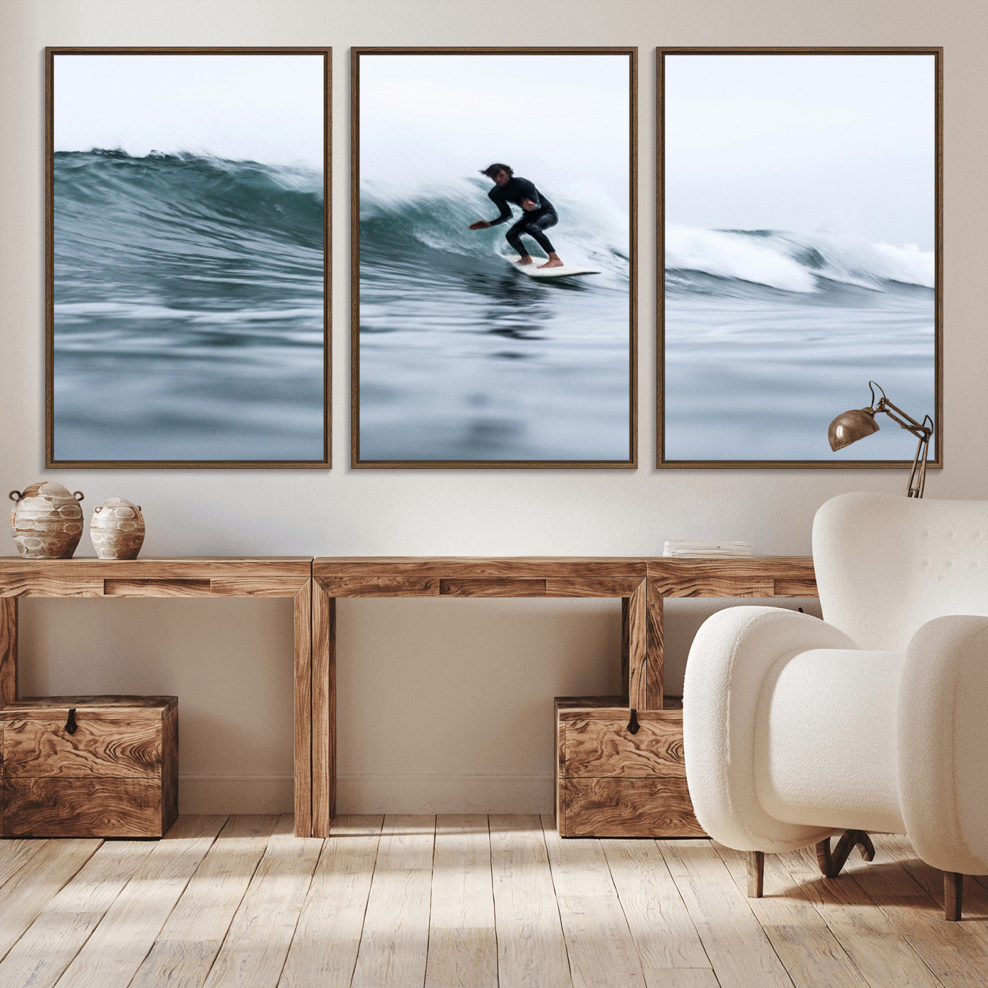 11693607-MGV-CV-36X24-Surfer on Wave Wall Art Canvas Print, Framed Ocean Adventure Art Picture Print, Motion Blur Water Perfect Coastal Adventure Decor