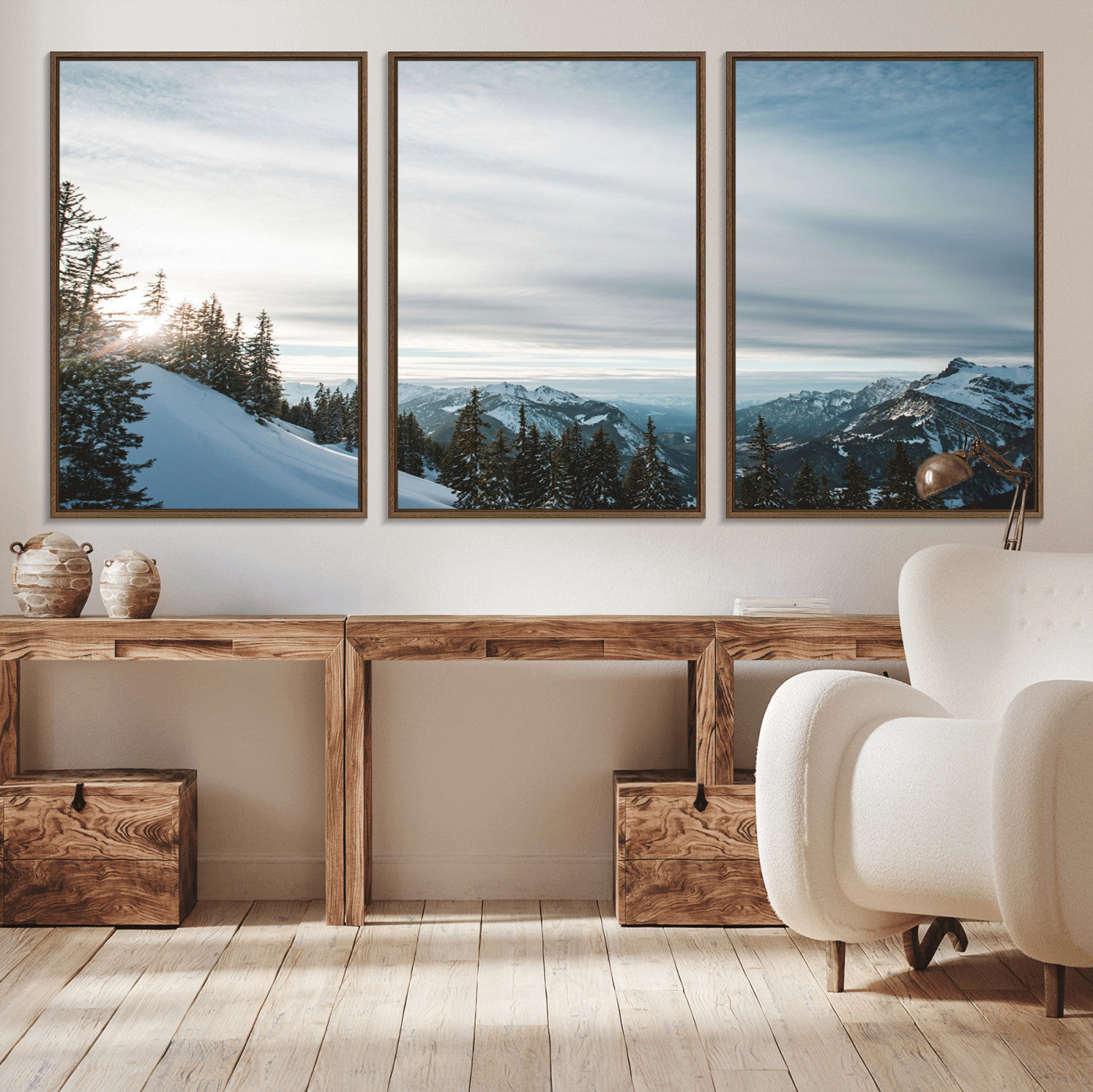 55564749-MGV-CV-36X24-Snowy Mountains Wall Art Canvas Print, Framed Alpine Landscape Art Picture Print, Frosty Peaks Perfect Nordic Minimalist Decor
