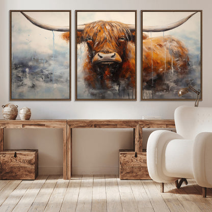 X61001-MGV-CV-36X24-Scottish Highland Wall Art Canvas Print, Framed Longhorn Art Picture Print, Western Cow Perfect Farmhouse Decor Artwork