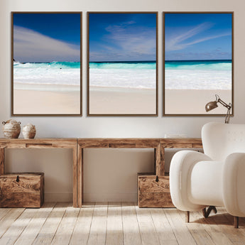 55017356-MGV-CV-36X24-Ocean Beach Wall Art – Turquoise Wave and White Sand Shoreline Canvas Print, Coastal Seascape Photography Decor for Living Room,