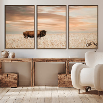 20306324-MGV-CV-36X24-Bison Wall Art – Lone American Buffalo Prairie Sunset Canvas Print, Rustic Western Wildlife Photography Decor for Living Room,