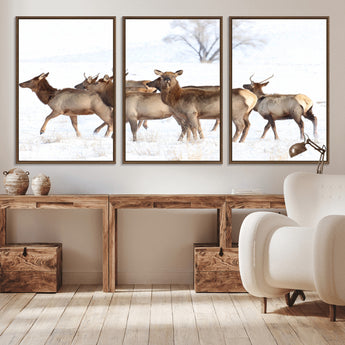 41416314-MGV-FC-60X30-3P_Walnut-Elk Wall Art – Wildlife Herd Canvas Print in Snowy Landscape, Rustic Nature Painting, Western Cabin Lodge Decor for Living Room,