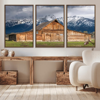 15173627-MGV-CV-36X24-Barn Wall Art – Rustic Wooden Cabin Canvas Print with Snowy Mountain Landscape, Western Farmhouse Country Decor for Living Room,