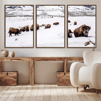 38217250-MGV-FC-60X30-3P_Walnut-Bison Herd Wall Art – Wildlife Canvas Print of Buffalo Winter Snow Scene, Rustic Western Lodge Décor, Farmhouse & Cabin Nature