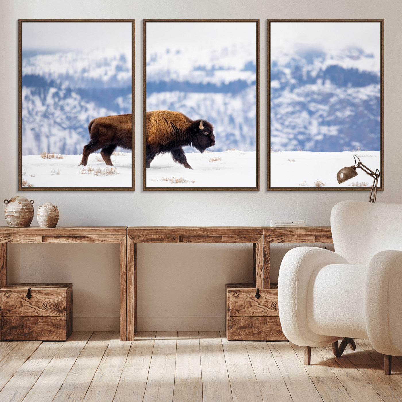 21623194-MGV-CV-36X24-Snow Bison Wall Art – Majestic Buffalo Wildlife Canvas Print, Winter Nature Décor for Rustic Living Room, Farmhouse, Cabin, Lodge