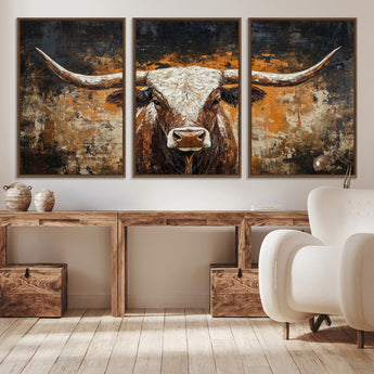 25265572-MGV-CV-36X24-Longhorn Bull Wall Art – Rustic Western Texas Steer Canvas Print, Textured Animal Painting for Home, Office, Man Cave or Farmhouse