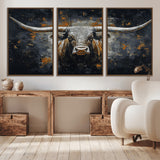 93195031-MGV-FC-60X30-3P_Walnut-Dark Longhorn Bull Wall Art – Western Steer Canvas Print, Moody Rustic Animal Painting for Man Cave, Ranch House, Office or Modern