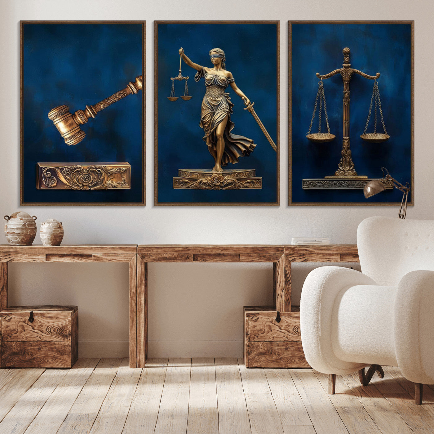 91629053-MGV-CV-36X24-Lady Justice Wall Art – Golden Gavel and Scales Canvas Print, Elegant Legal Office Decor for Lawyers, Judges, Courtroom or Study