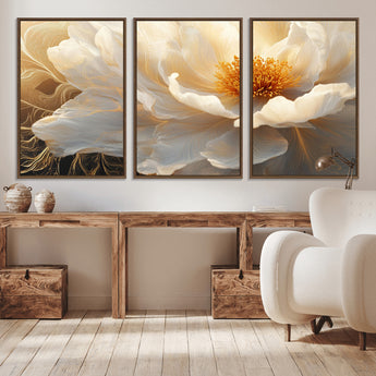 29539087-MGV-CV-36X24-Floral Wall Art – Elegant White and Gold Bloom Canvas Print, Romantic Modern Flower Artwork for Bedroom, Living Room, or Office