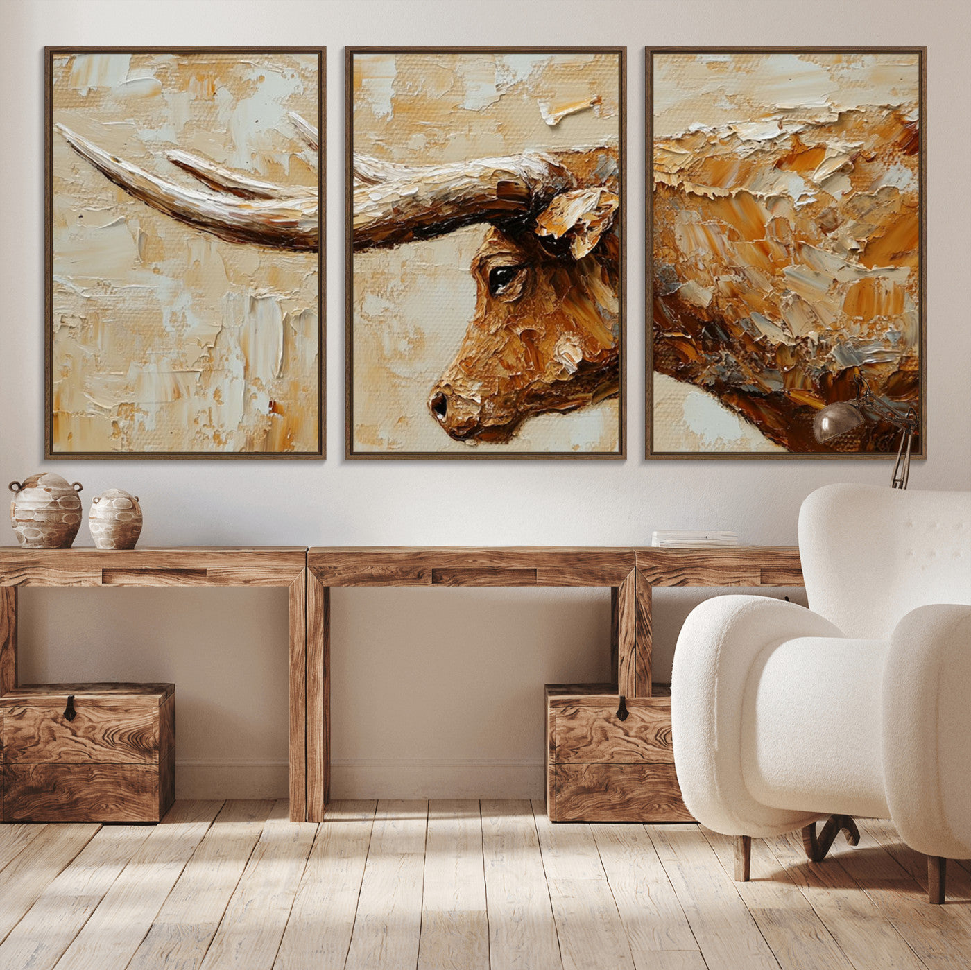 69611428-MGV-CV-36X24-Longhorn Bull Wall Art – Rustic Western Canvas Print, Textured Farmhouse Cattle Painting for Living Room, Office, or Ranch House