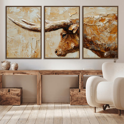 69611428-MGV-CV-36X24-Longhorn Bull Wall Art – Rustic Western Canvas Print, Textured Farmhouse Cattle Painting for Living Room, Office, or Ranch House