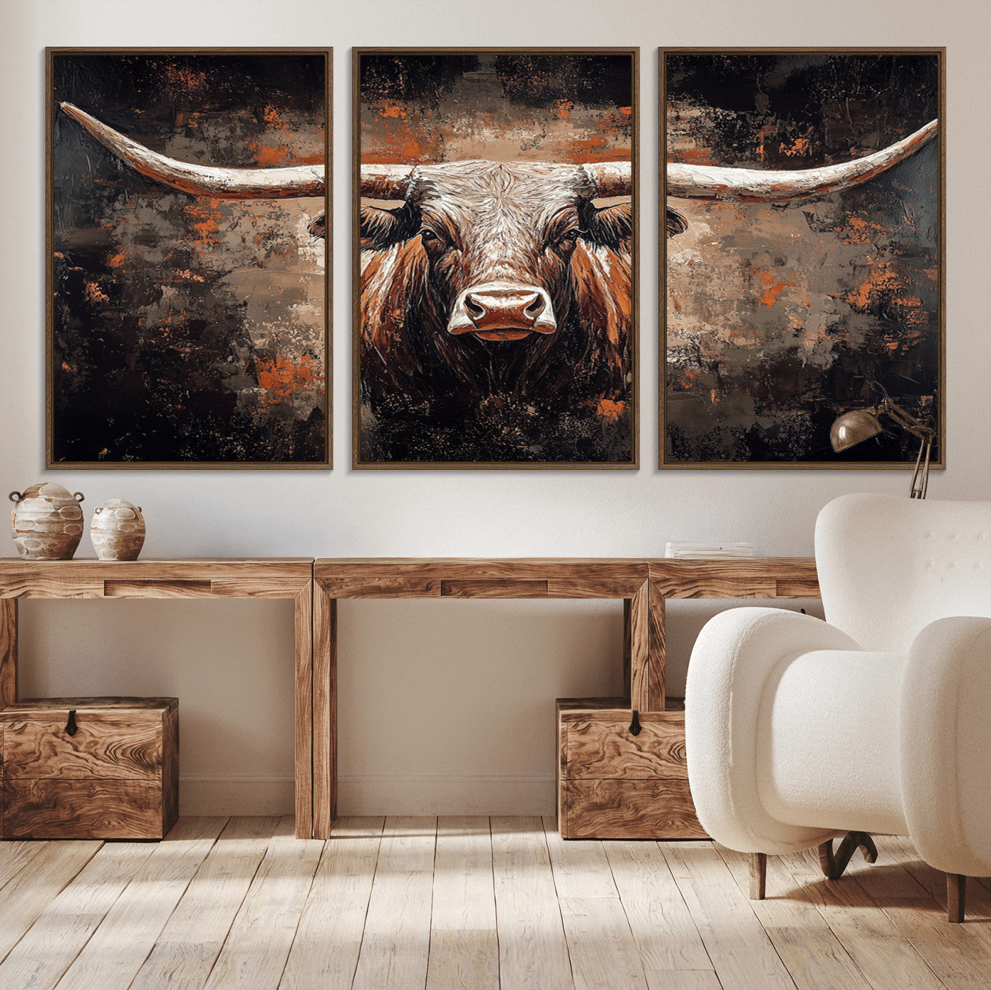 24779067-MGV-CV-36X24-Longhorn Bull Wall Art – Western Rustic Canvas Print, Bold Cowboy Cattle Painting for Ranch House, Farmhouse, Office, or Living