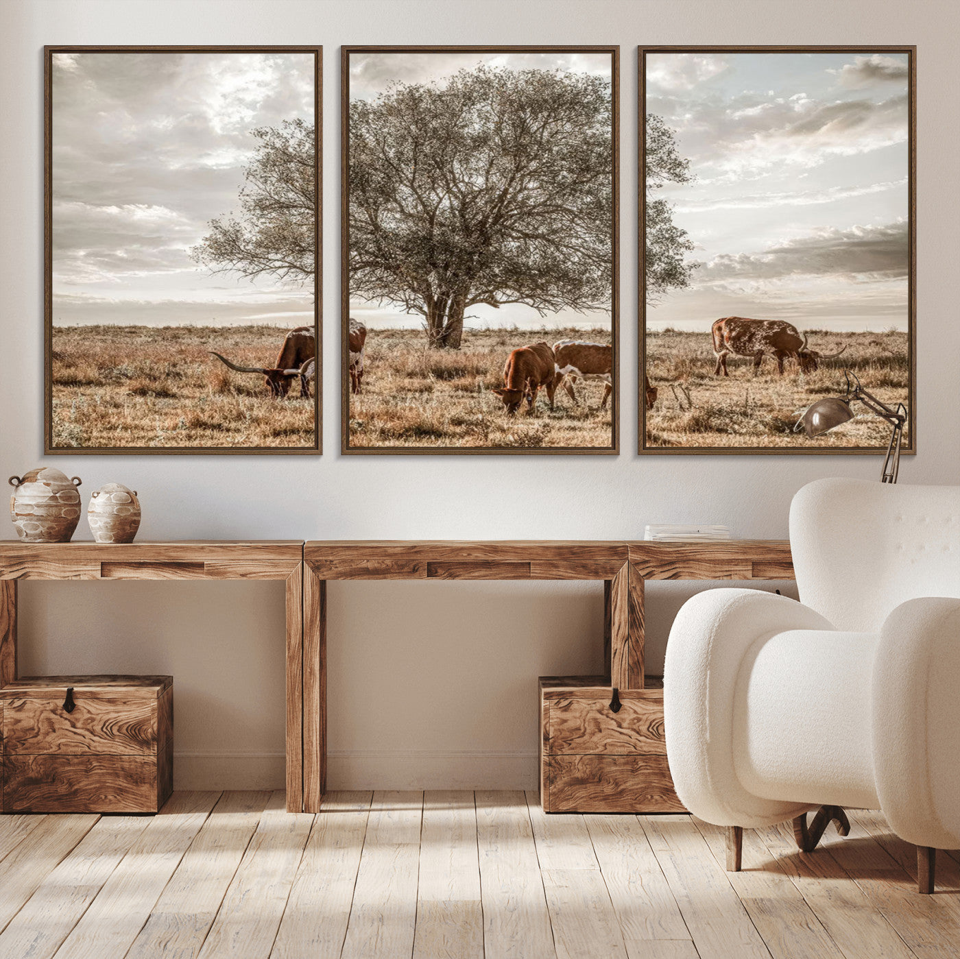 87590224-MGV-CV-36X24-Longhorn Cattle Wall Art – Rustic Western Landscape Canvas Print, Texas Farmhouse Prairie Scene for Living Room, Office, or Ranch