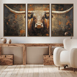 19204445-MGV-CV-36X24-Texas Longhorn Bull Wall Art – Rustic Western Canvas Print, Bold Cowboy Cattle Painting for Ranch House, Farmhouse, Office, or