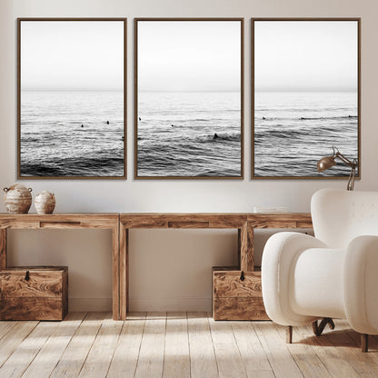 47208268-MGV-CV-36X24-Surfer Ocean Wall Art – Black and White Coastal Canvas Print, Minimalist Surfing Seascape Decor for Living Room, Bedroom, or Beach