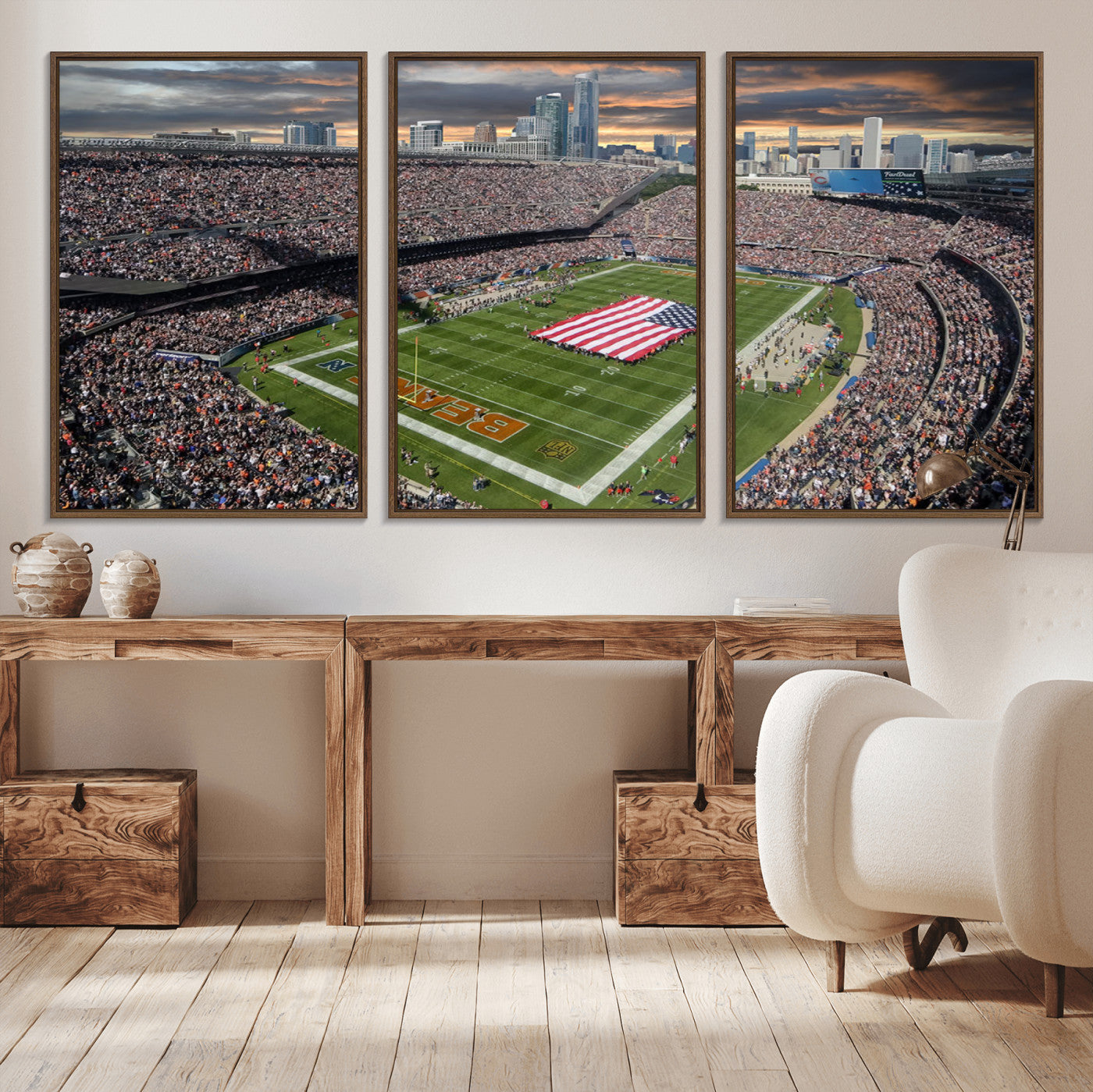 98106777-MGV-CV-36X24-Soldier Field Wall Art – Chicago Bears Stadium Canvas Print with American Flag, Game Day Football Decor for Man Cave, Bar, or