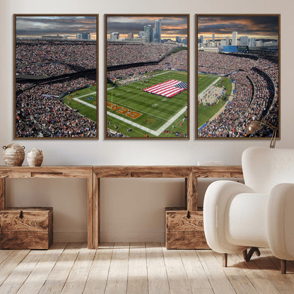 98106777-MGV-CV-36X24-Soldier Field Wall Art – Chicago Bears Stadium Canvas Print with American Flag, Game Day Football Decor for Man Cave, Bar, or