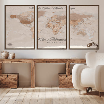 95243244-MGV-CV-36X24-Wander Often Wonder Always World Map Wall Art – Neutral Beige Adventure Canvas Print, Rustic Boho Travel Decor for Bedroom, Living