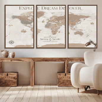 63516865-MGV-CV-36X24-Explore Dream Discover World Map Wall Art – Inspirational Travel Adventure Canvas Print, Neutral Parchment Style Explorer Decor